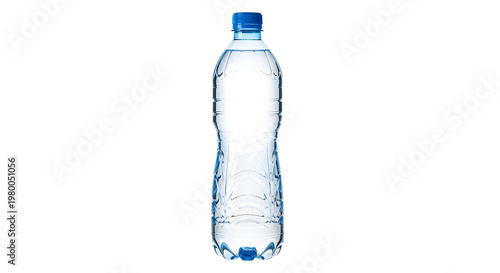 Clear plastic water bottle with blue cap on white background closeup view