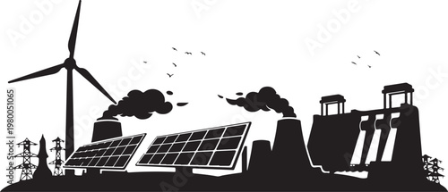 Renewable energy, solar panels, wind turbine, industrial silhouette, eco-friendly power