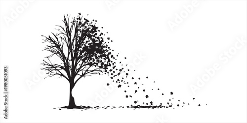 Melancholy silhouette of a lone tree with an empty bench and falling leaves isolated on white background