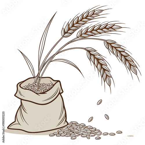 A brown illustration of a burlap sack filled with wheat grains and wheat stalks