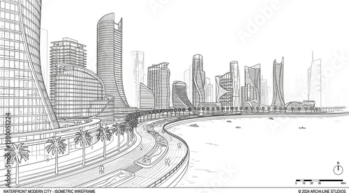 Futuristic coastal city skyline with modern skyscrapers curved buildings and waterfront highway detailed architectural line illustration