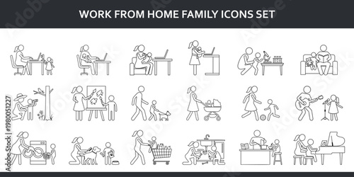 Work Life Balance Icons Set, Remote Work Parenting and Home Office Family Daily Routine Line Pictograms