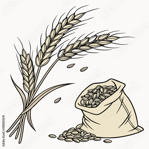 An illustration of wheat grains spilling out of a burlap sack with wheat stalks