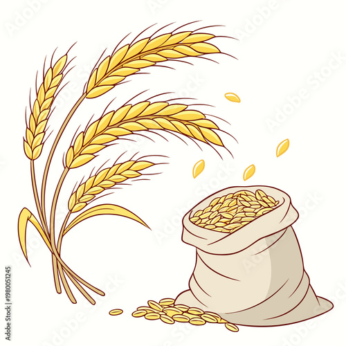 Cartoon illustration of wheat grains spilling from a burlap sack with wheat stalks