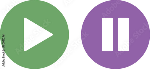 Green play button icon next to a purple pause button symbol for digital media player interfaces