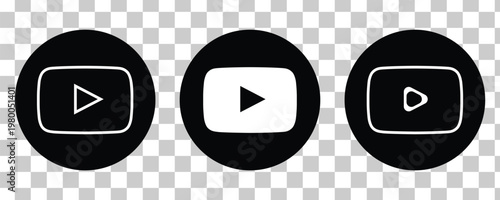 Black and white social media video player icons set featuring minimalist play buttons inside solid circles on transparent background.