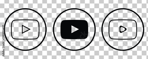 Black social media video player icons set featuring minimalist play buttons with outline and solid designs on transparent background.