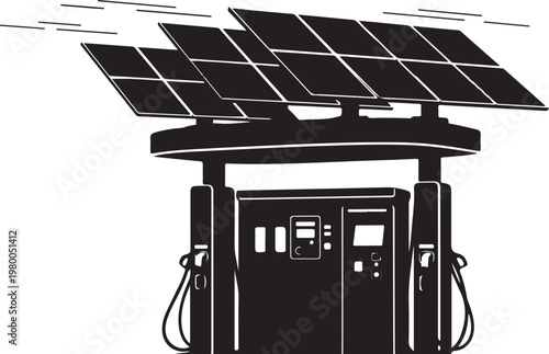 Solar powered gas station, eco friendly fuel pump, black vector icon, sustainable energy