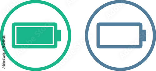 Full and empty battery status icons representing power levels for electronic devices and mobile phone interfaces