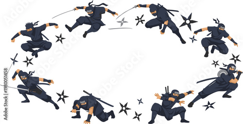 Ninja combat poses arranged in circular composition vector illustration with throwing stars, dynamic martial arts action sequence, stealth warrior character design in modern flat style
