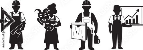 Four professions illustrated with symbolic tools and attire