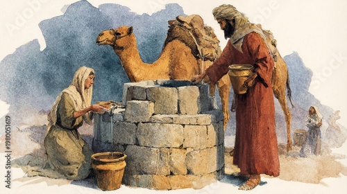 Rebekah drawing water at the well and offering a drink to the servant and his camels, a biblical Genesis 24 illustration.