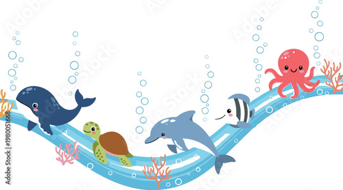 Underwater ocean vector illustration with cute marine animals, flowing wave composition featuring whale, dolphin, octopus and fish, colorful sea life design background