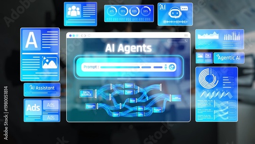 Tableau sur toile Digital Interface Displaying Concept of AI Agents with Graphics, Charts, and Dat