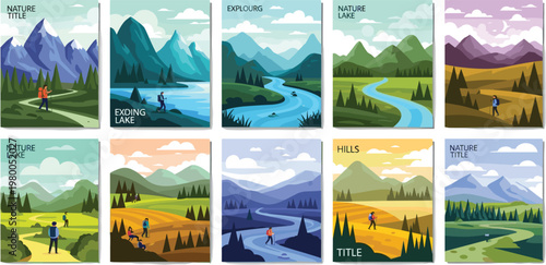 Set of Nature Landscape Illustrations with Mountains, Lakes, Rivers and Hiking Scenes, Flat Design Collection for Travel Posters, Adventure Graphics, and Outdoor Exploration Concepts