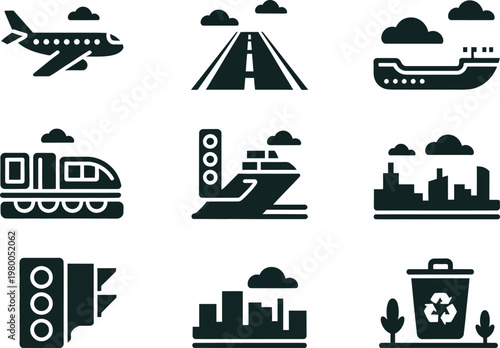 Collection of simple black flat icons representing various modes of transportation and modern city infrastructure elements