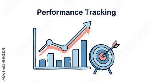 Performance tracking concept with growth chart analytics arrow and target goal achievement for business success monitoring and financial progress visualization illustration