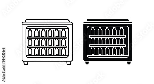 Two black and white vending machines displaying bottles a striking silhouette