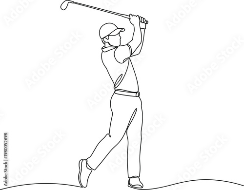 Golf player swinging club line art illustration, professional sport activity, outdoor recreation, athlete performance and leisure game concept minimal outline design