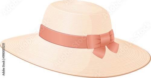 Straw hat mockup vector with ribbon bow, wide brim sun hat isolated for product display, fashion branding, packaging, and summer design