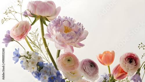 delicate flowers arranged diagonally, soft pastel colors, clean background, modern floral composition, copy space
