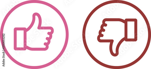 Pink thumbs up and red thumbs down gesture icons representing agreement or disagreement and customer feedback