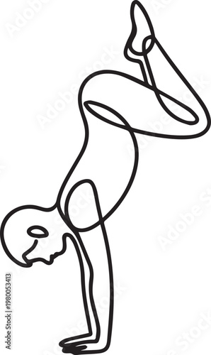 A person doing a handstand on a with one leg bent