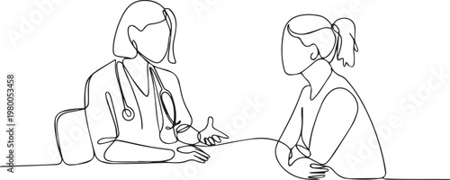 Continuous line drawing of a female doctor and a girl discussing health