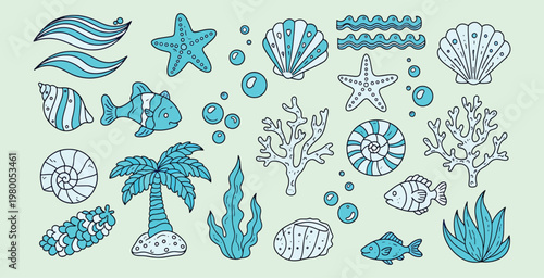 Marine life elements collection including seashells starfish tropical fish palm tree and coral reef illustrations in hand drawn blue doodle style for ocean theme projects and summer beach designs