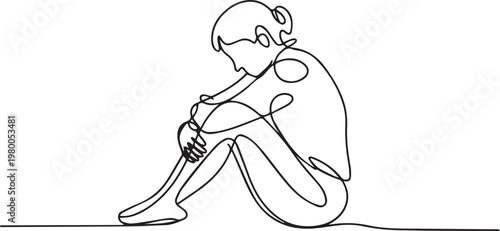 Continuous line drawing of a sad person sitting alone on the ground