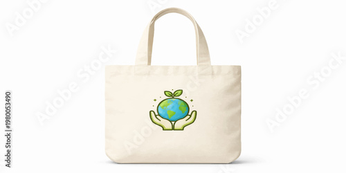 Green eco shopping bag with recycle symbol and leaf design isolated on white background