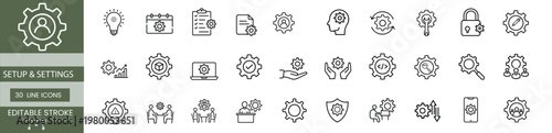 Setup and settings line icons set featuring gear configuration technical repair security protection system maintenance account profile and mobile management more vector illustration 