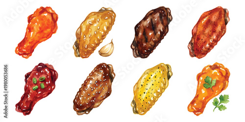 Watercolor fried chicken wings showing different savory sauces and dry rub seasonings, isolated on transparent background