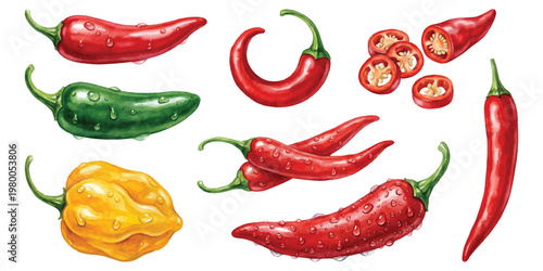 Watercolor hot chili peppers, habanero, jalapeno and slices covered in fresh water droplets, isolated on transparent background