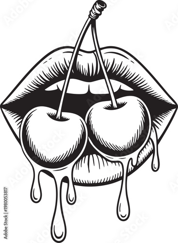 a black and white illustration of lips with cherries and sticks, perfect for marketing, advertising, or editorial use