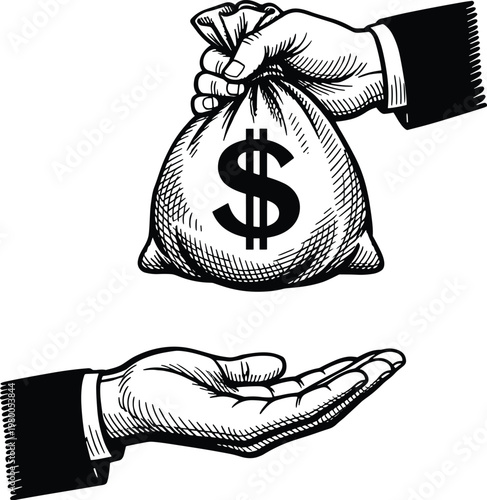 Black and White Vintage Line Art Vector of Hand Giving Money Bag to Another Hand
