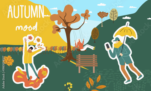 Collage Autumn mood, fall season. Horizontal banner, hand drawn vector illustration.