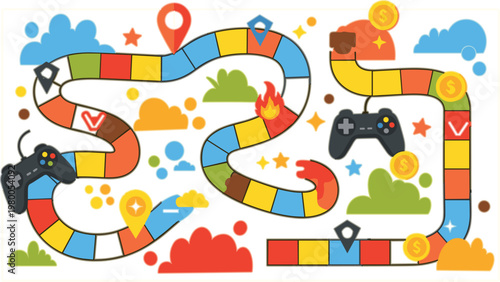 Colorful board game path vector illustration with dice coins controllers and playful elements for gaming concept strategy entertainment design