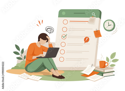 Work stress and burnout, overwhelmed woman with laptop and task list, deadline pressure and workload concept illustration