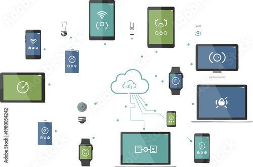 Cloud computing and device synchronization vector illustration with smartphones laptops wearables and data transfer across connected digital network system
