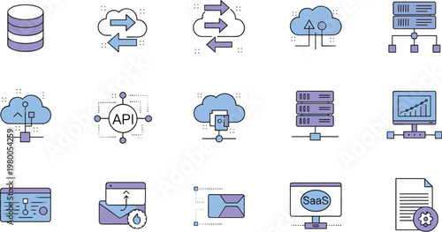 Cloud computing and API integration vector icon set with database storage servers analytics SaaS platform and digital network technology symbols collection
