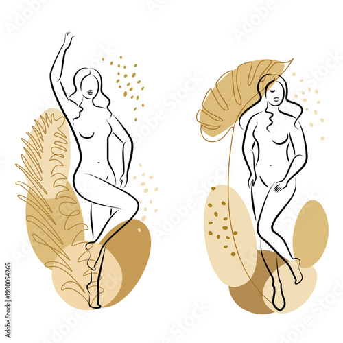 Collection. Silhouette of a cute lady and plant leaves. The girl is standing. The woman has a beautiful naked figure. She is young and slim. Vector illustration set.