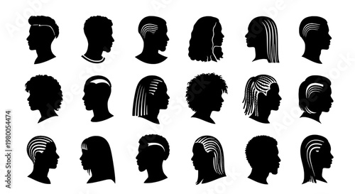 Hair silhouettes set with various styles and braids featuring profile, head, black with white and vector elements for illustration, diverse projects,