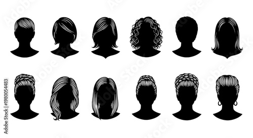 Hair silhouette set with diverse hairstyles and side views for fashion avatar icons and design templates
