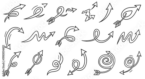 Arrows hand drawn set with black curved lines and various decorative elements featuring vector, illustration, collection with design and art elements