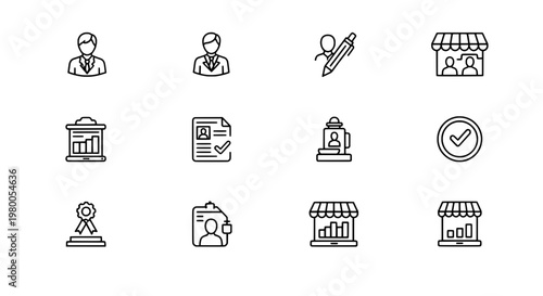 Buildings and commerce icon set with store, shop, cashier, storefront signage, certification badge, and document approvals