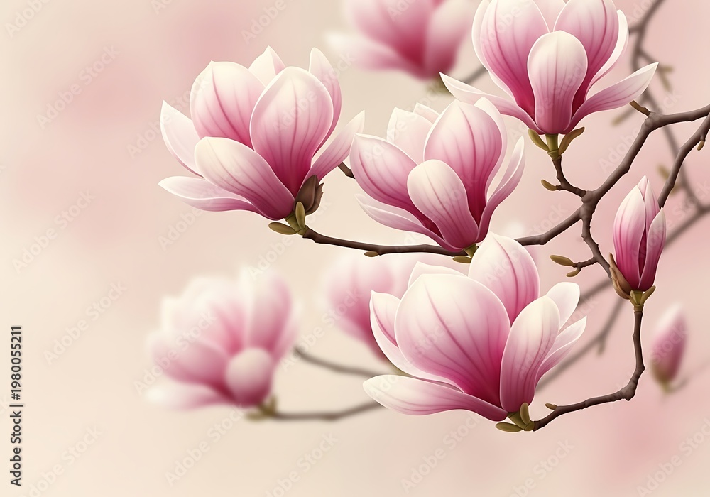 Obraz premium A close up view of beautiful pink magnolia flowers blooming on a branch against a light background