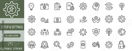 Setup and settings line icons set featuring gear configuration technical repair security protection system maintenance account profile and mobile management more vector illustration 