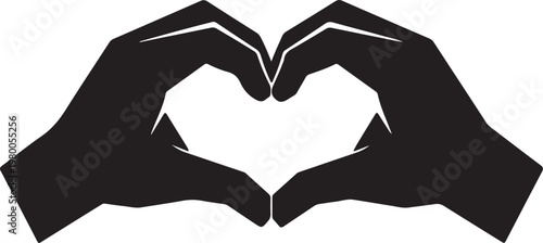 A romantic black silhouette of a man and woman forming a heart shape with their hands as an abstract symbol of love and care for Valentine's Day