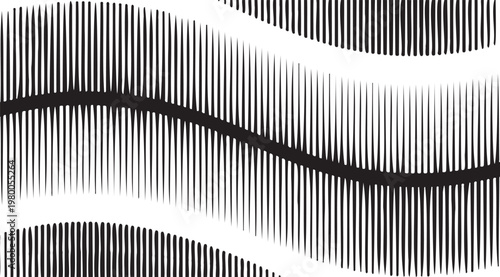 Abstract monochromatic pattern featuring vertical lines that shift to create a wavy moire effect.